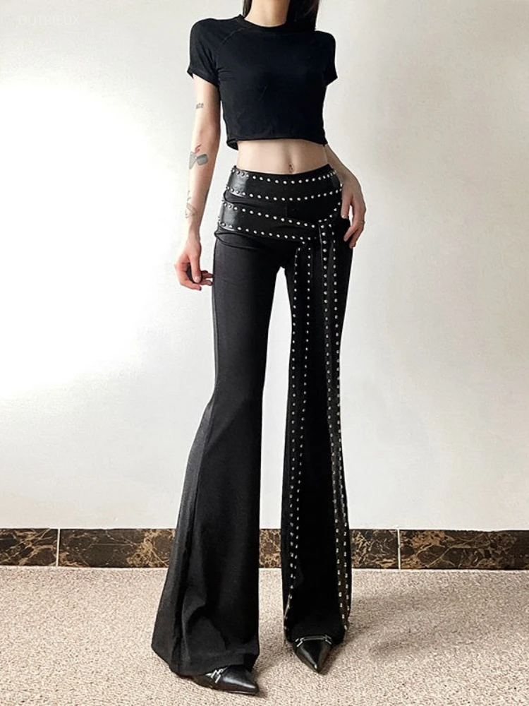 Y2k Punk Gothic Pantalones High Waist Bandage Rivet Design Streetwear Flare Pants Spring Female Slim All Match Women's Clothing