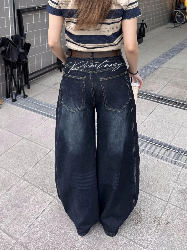 

Retro American Washed Loose Embroidered Knife Jeans Casual High Street Wide Leg Long Trousers for Men And Women