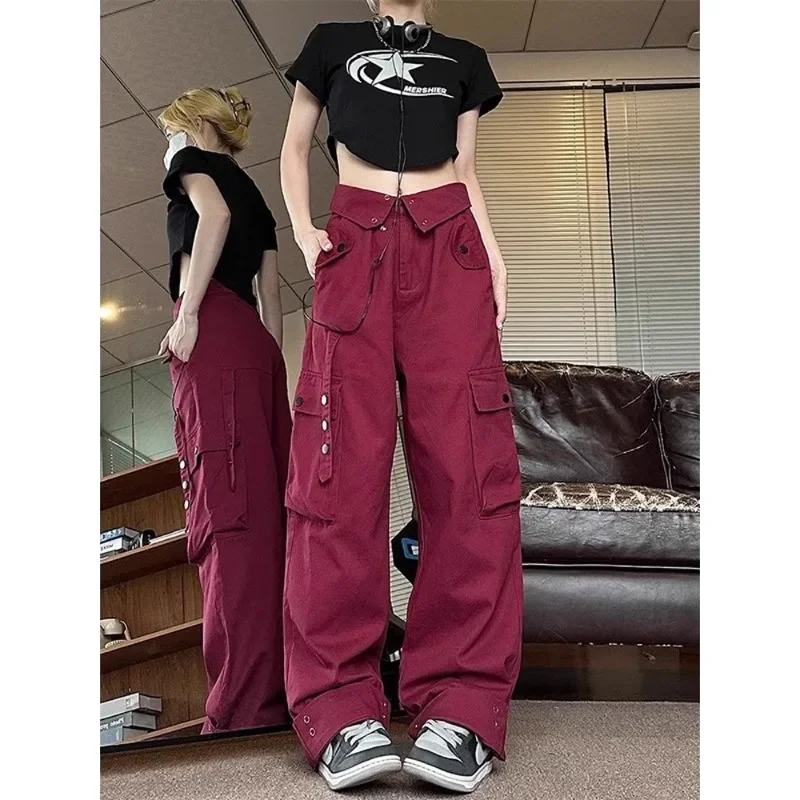 SuperAen Street Burgundy Overalls Women's high Street Sweatpants Wide Legs pants