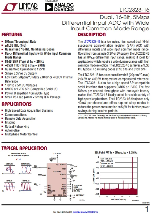 LTC2323IUFD-16#PBF Dual, 16-Bit, 5Msps Differential Input ADC with Wide  Input Common Mode Range Automotive