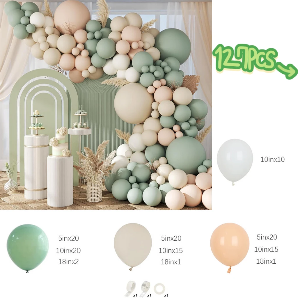127Pcs Sage Green Balloon Arch Kit Nude White Sand Latex BalloonsWedding Bridal Shower Baby Shower Birthday Party Decorations
