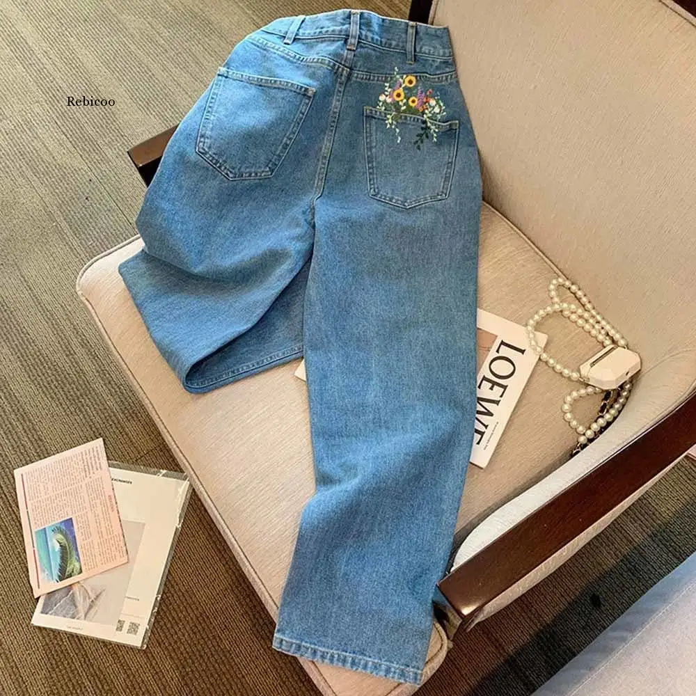 

New Fashion Women Denim Pants Straight Long Jeans Pants 3D Flowers Embroidery High Waist Ladies Jeans Wide leg pants Trousers