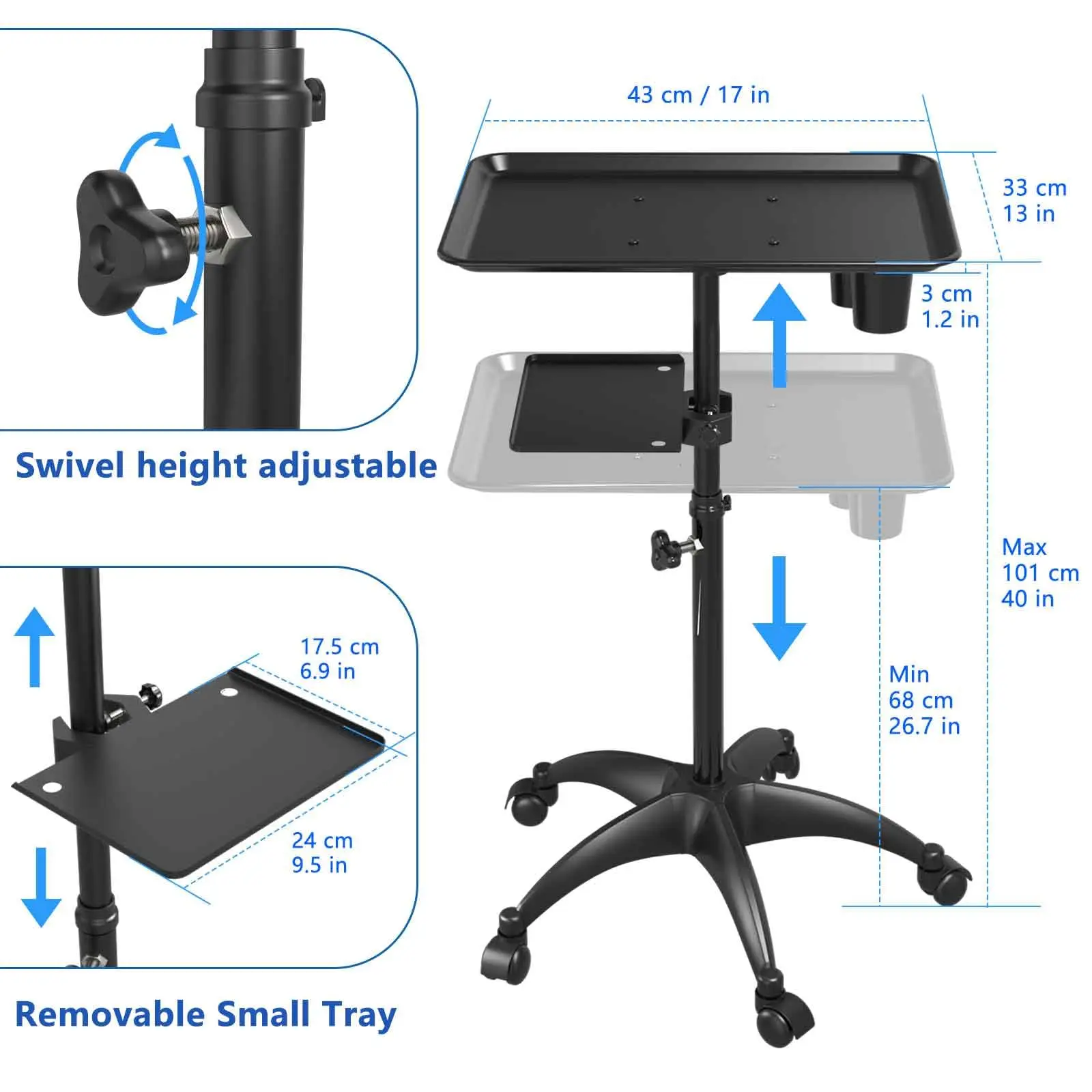 Barbershop Salon Tray Cart with Storage Platform Tattoo Tray with Wheels Trolley Adjustable Height Tray Storage Tray Accessory