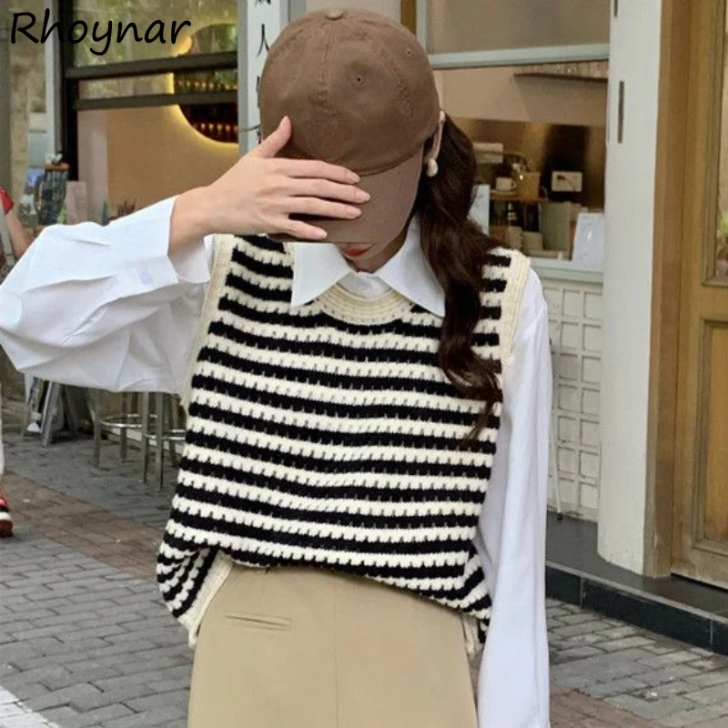 Striped Sweater Vests Women Autumn New O-neck Korean Style  Fashion Literary Casual Students All-match Age-reducing Elegant