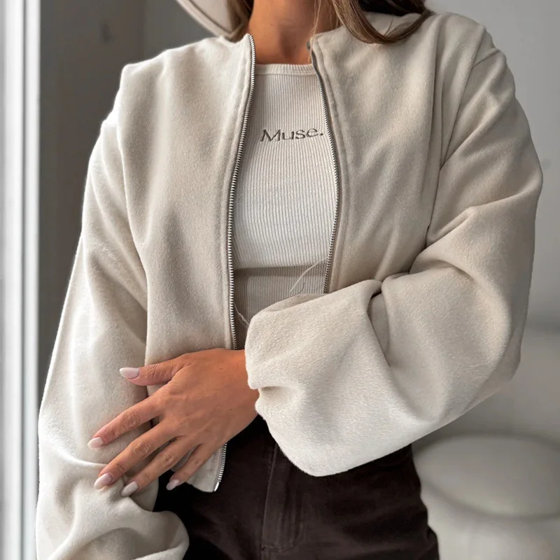 New Women's Clothing 2025 Fashion Versatile Woolen Stand Up Collar Short Jacket Top Coat