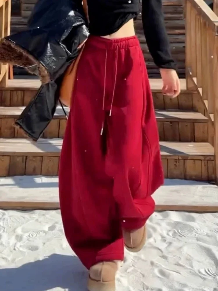 

Красные утепленные брюки с широкими штанинами для женщин, осенне-зимние, с высокой талией, прямого кроя, для повседневной носки