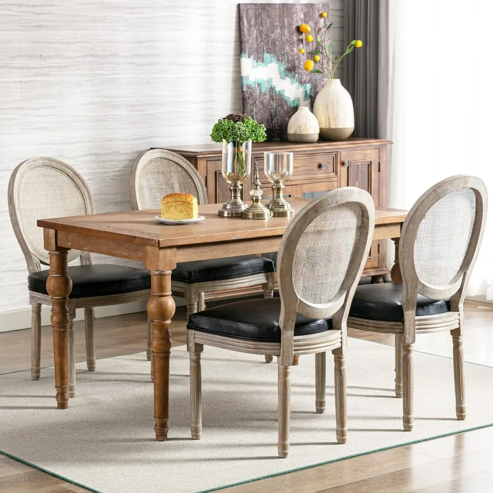

Farmhouse Rattan Dining Chairs Set of 4, Leather French Country Chairs with Round Back, Oval Side Chairs for Kitchen