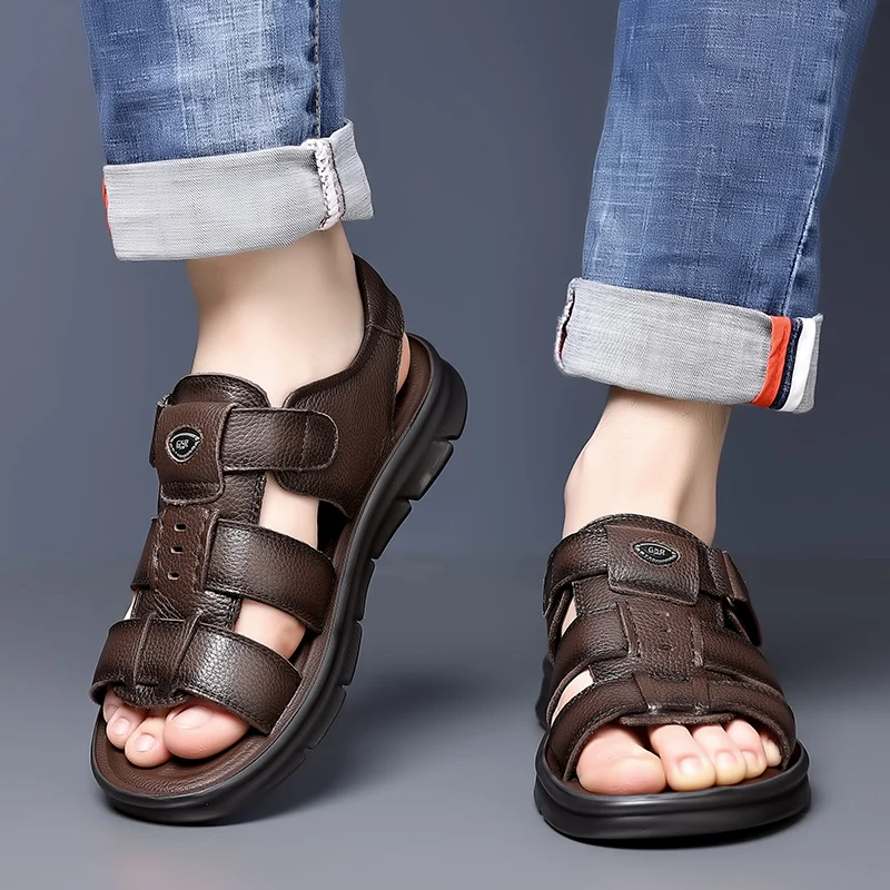 Fashionable New Top Layer Cowhide Roman Summer Beach Shoes for Men's Outdoor Soft Soled Latex Pad Anti Slip Breathable Sandals