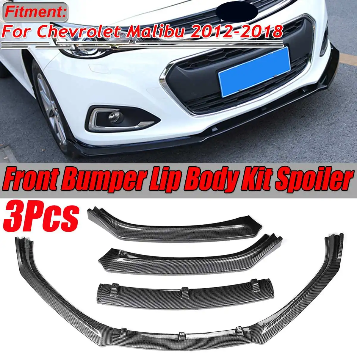 Carbon Fiber Look/Black 3piece Car Front Bumper Splitter Lip Spoiler Diffuser Guard For Chevy For Chevrolet For Malibu 2012-2018