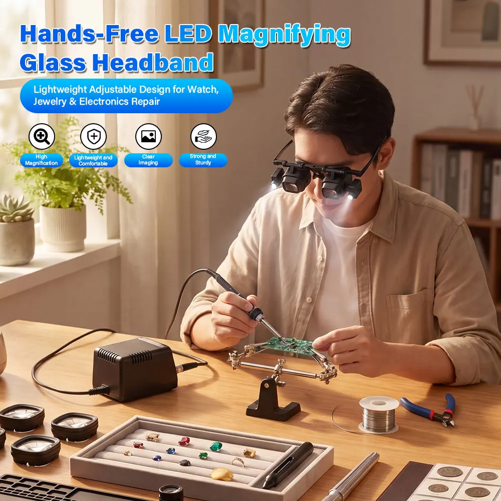 Multi-purpose 2X6X 8X 10X 12X 24X Head-mounted Magnifying Glass Portable Universal Watch Jewelry Repair Magnifier with LED Light