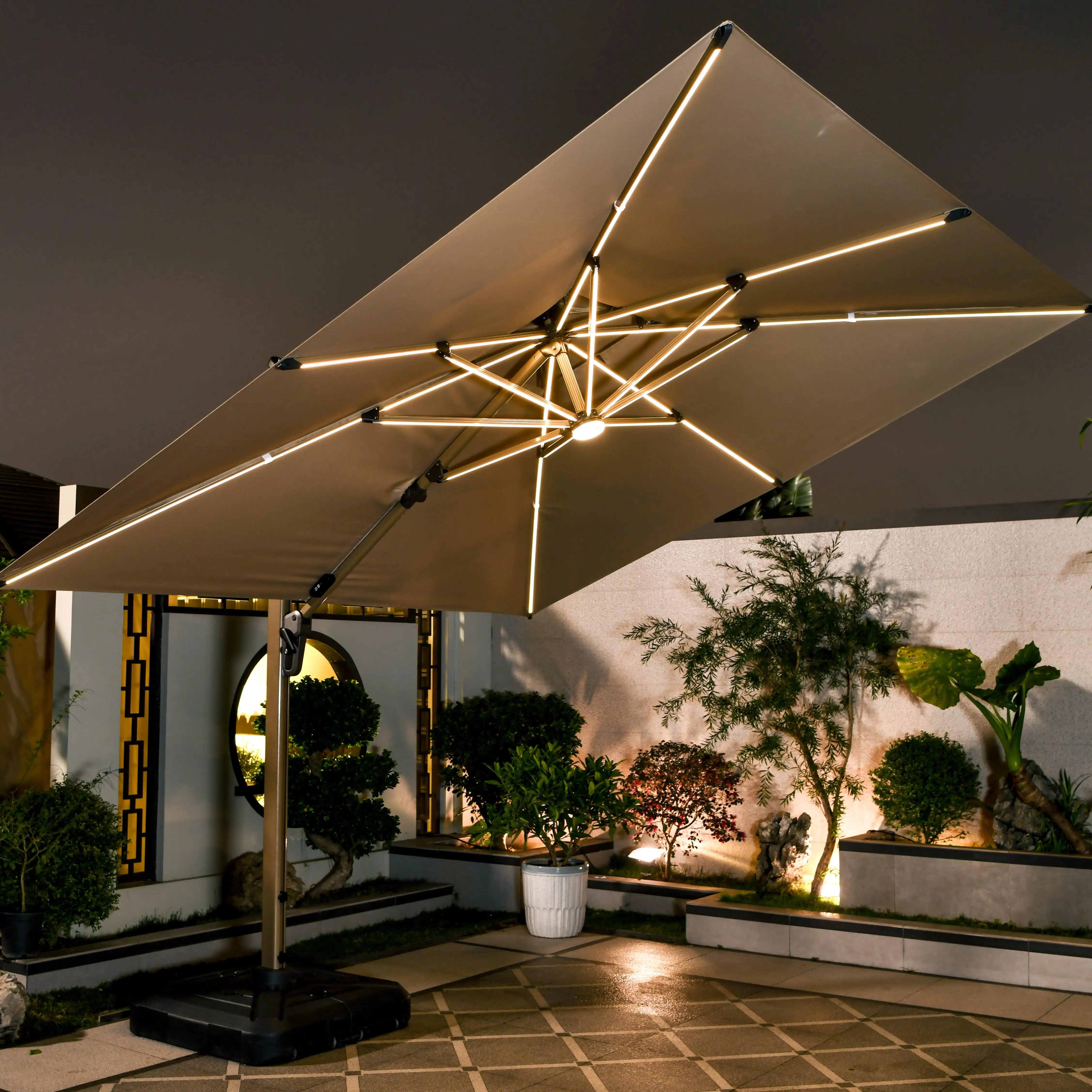 3m Roma Cantilever LED Outdoor Parasol Waterproof UV Resistant Sun Umbrella For Courtyard Gym Patio Exterior