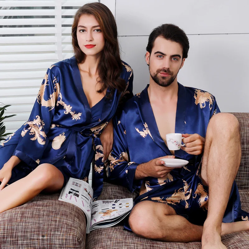 Albornoz Kimono de talla grande para hombre y mujer, ropa de dormir de satén con estampado, camisón, 2 piezas, para estar en casa