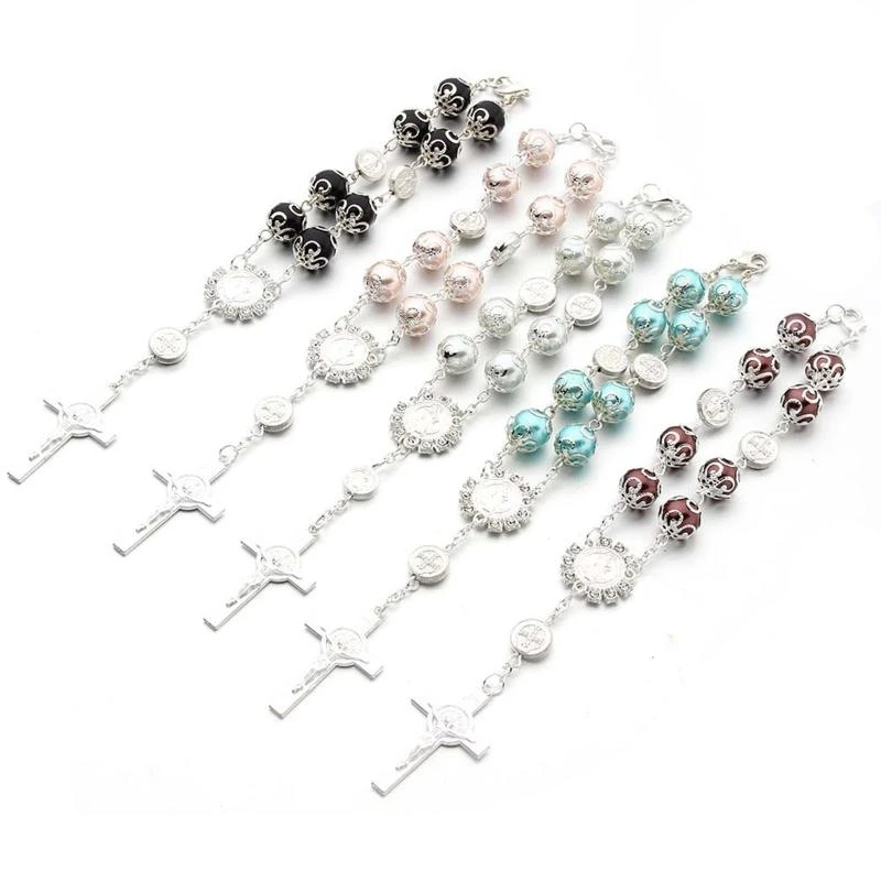 

E0BF Baby Pearl Baptism Religious Gift Catholic for Cross Finger Chain Mini Rosary Multicolor for Cross Rosary Bracelet for W
