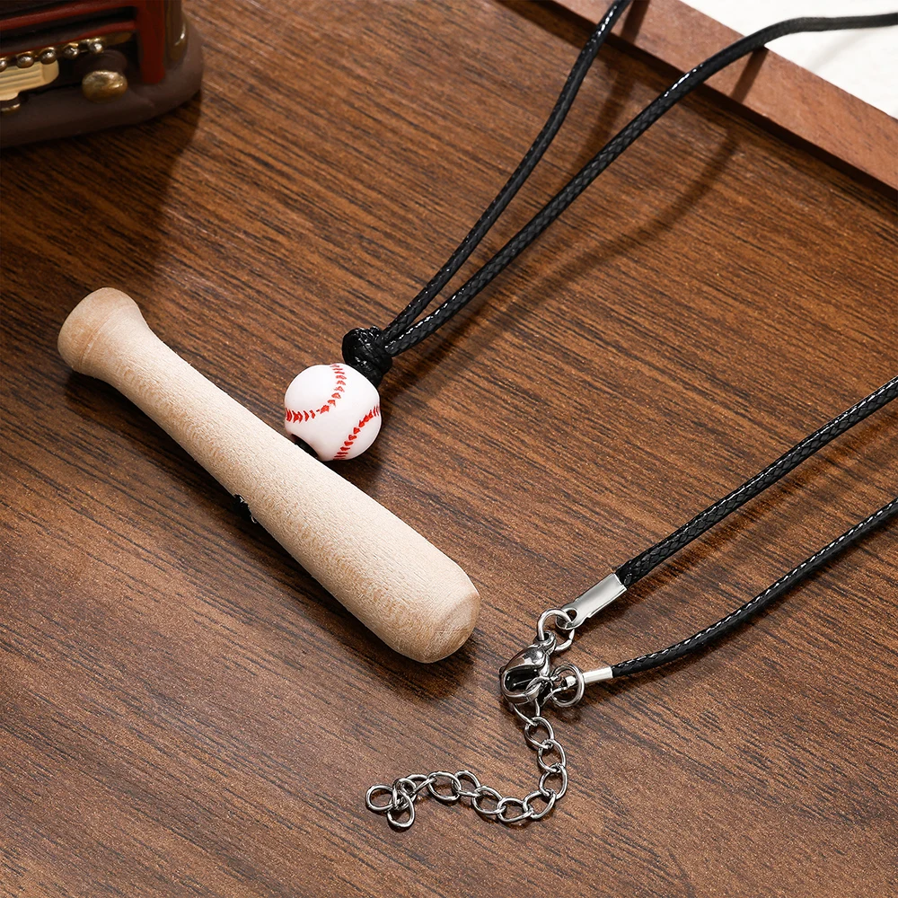 Hot-Selling Creative Wooden Baseball Bat Pendant Necklace Baseball Adjustable Leather Necklace Sports Activity Gift
