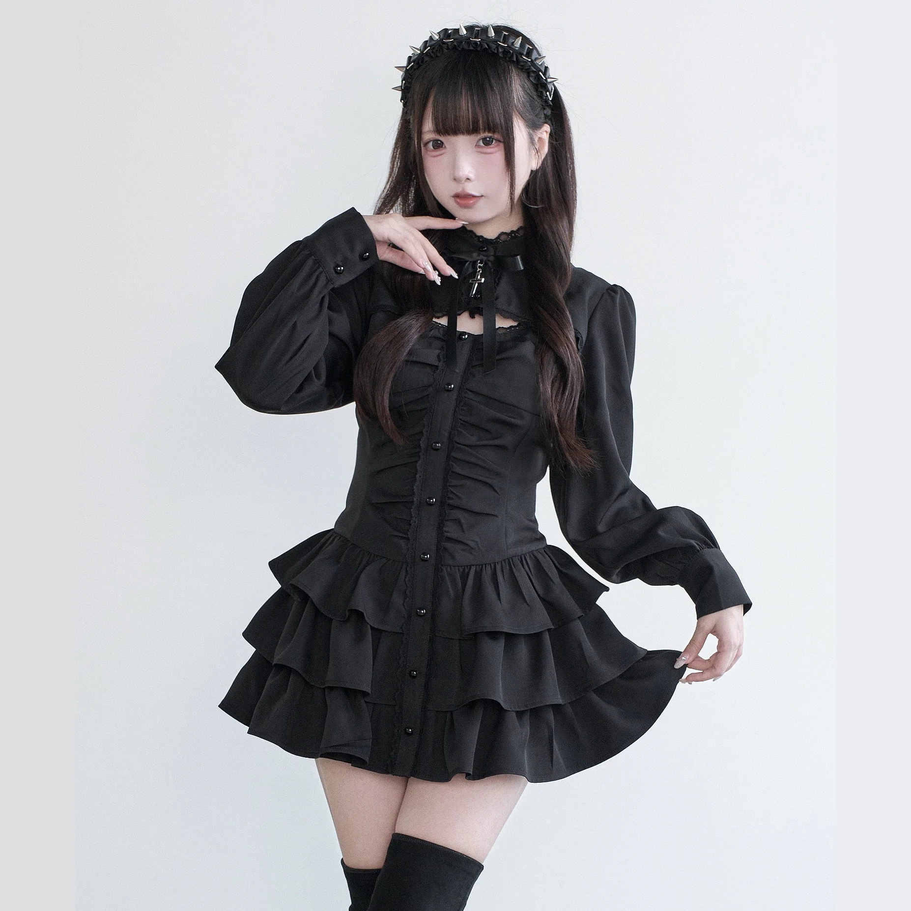 Original japonês minas estilo subcultura produzido em massa gola manga longa único breasted vestido shorts conjunto de duas peças feminino