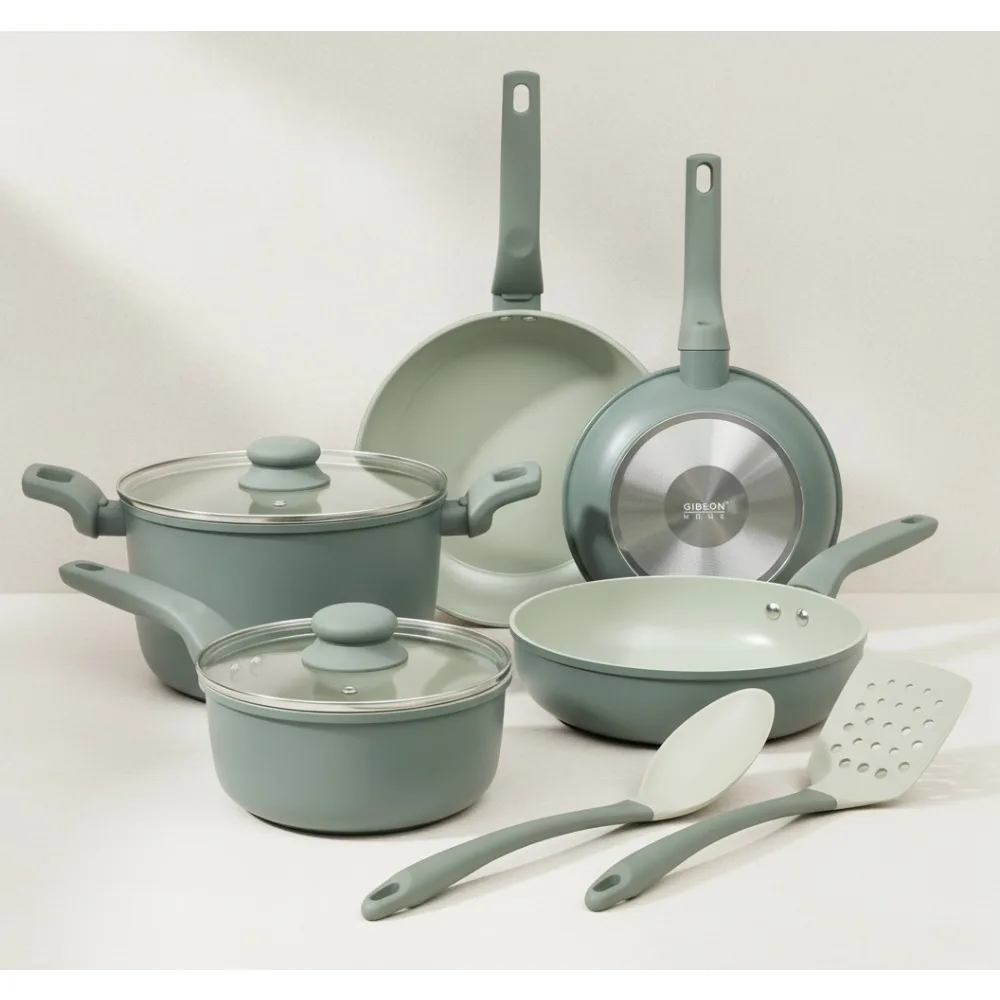 

10-Piece Ceramic Nonstick Cookware Set PFOA-Free Aluminum Induction Safe Pots Pans Kitchen Tools Sage Green