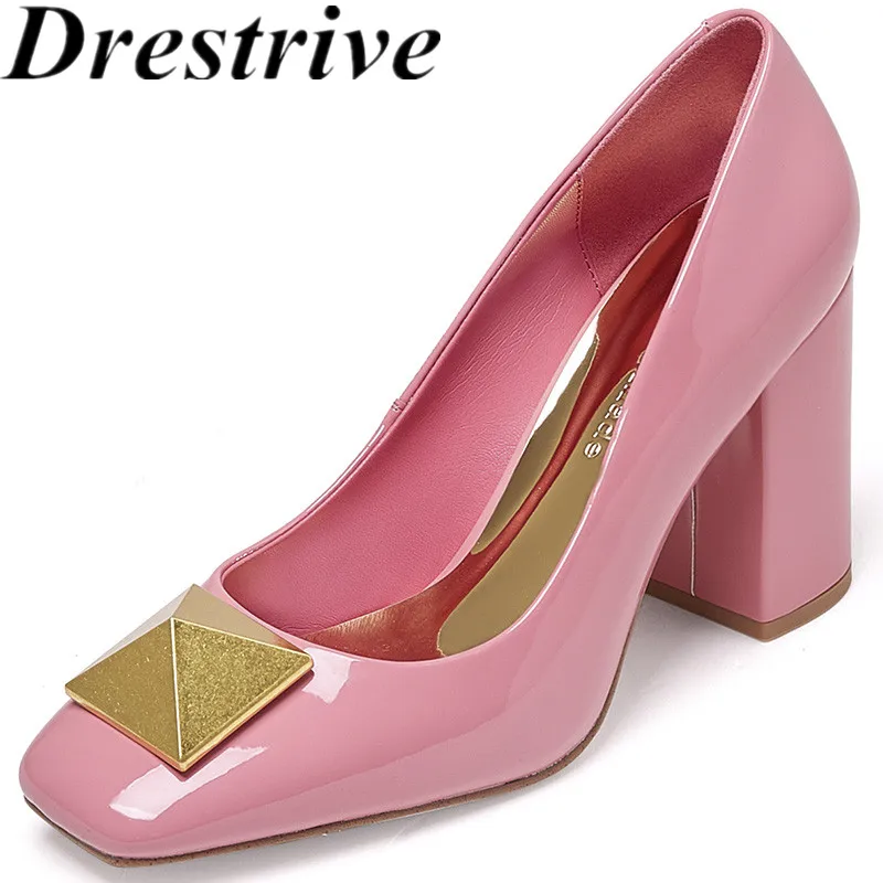 

Drestrive 2023 Classic Women Pumps Rivet Square Toe Patent Leather Thick High Heels Shallow Top Quality Pink Summer Shoes