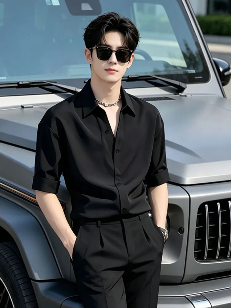 Black Ironless Anti-Wrinkle Ice Silk Short Sleeve Shirt Men's Summer Quick Dry Neapolitan Godfather Cool High-End Feeling Shirt
