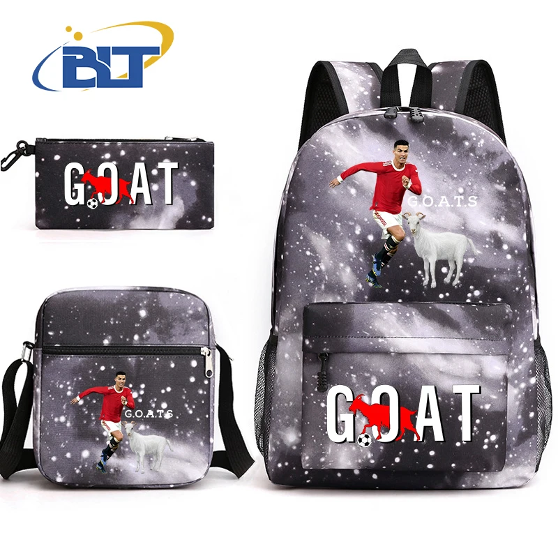 GOAT CR7 printed student school bag set youth backpack shoulder bag pencil case 3-piece set kids gift