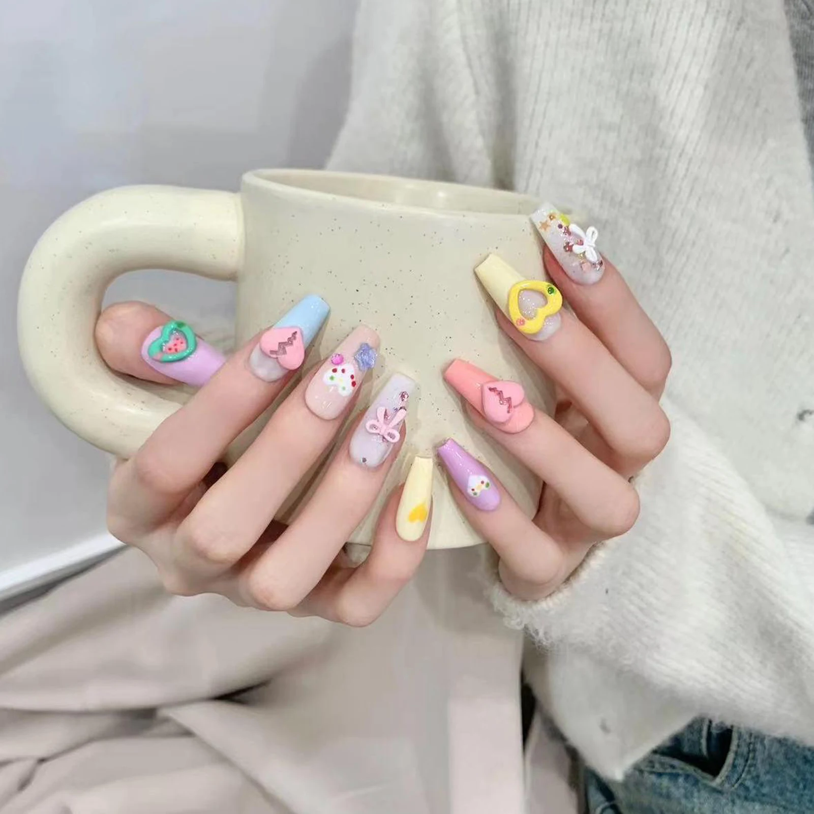 10pcs Detachable Handmade Press On Nails Colorful Dopamine Fake Nails Y2k Wearable Long Ballerina Fashion False Nails For Girl