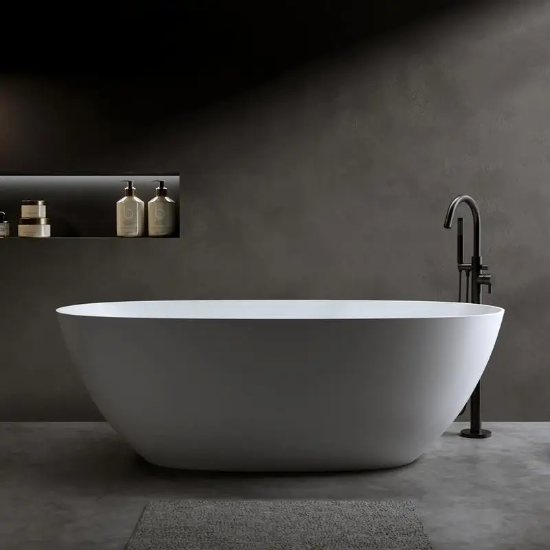 

57" Matte Solid Surface Soaking Tub, Stone Resin Freestanding Bathtub, Thick Edge Oval Design, Overflow & Pop-up Drain, Matte