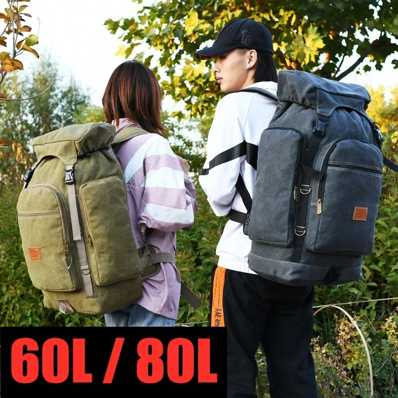 

60L 80L Canvas Wearproof Big Capacity Luggage Bags Outdoor Hiking Travel Backpack Men Women Camping Climbing Leisure Sports Bag