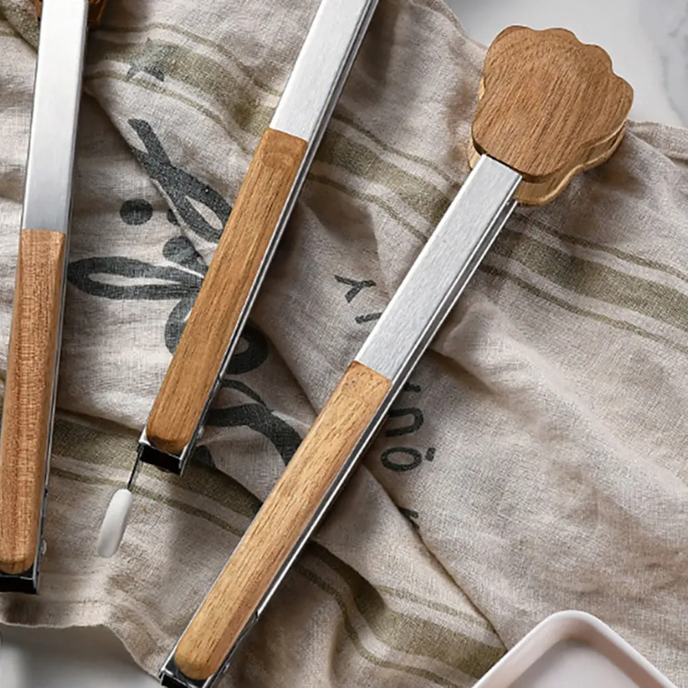 Stainless Steel Kitchen Tongs Cat Claw Food Serving Tool Wooden Handle Heat Resistant Cooking Picnic