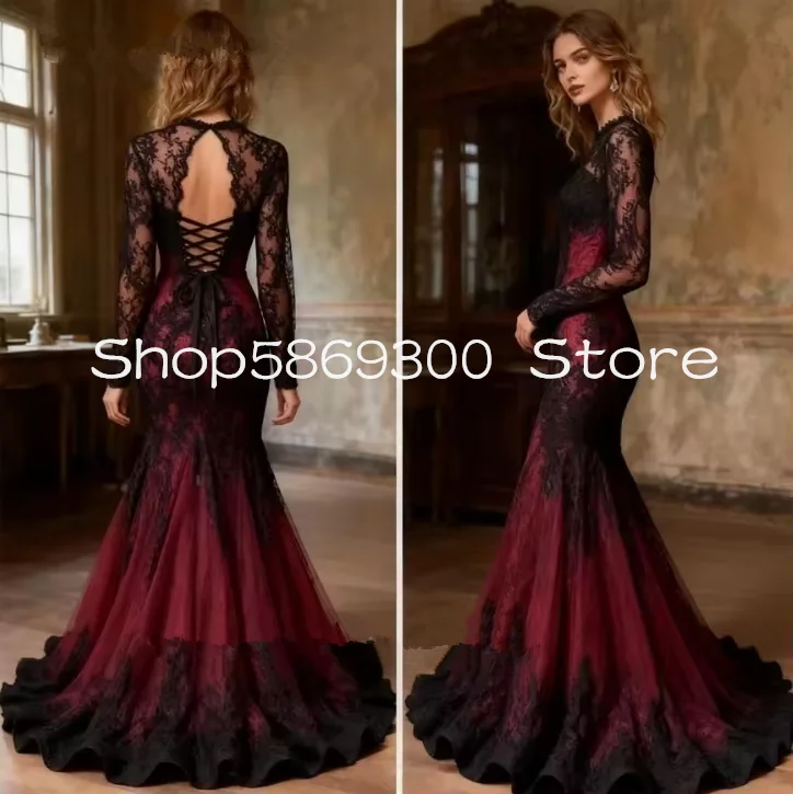 Black And Burgundy Mermaid Wedding Dresses Long Sleeves Gothic lace applique garden Bridal Gown garment Customized