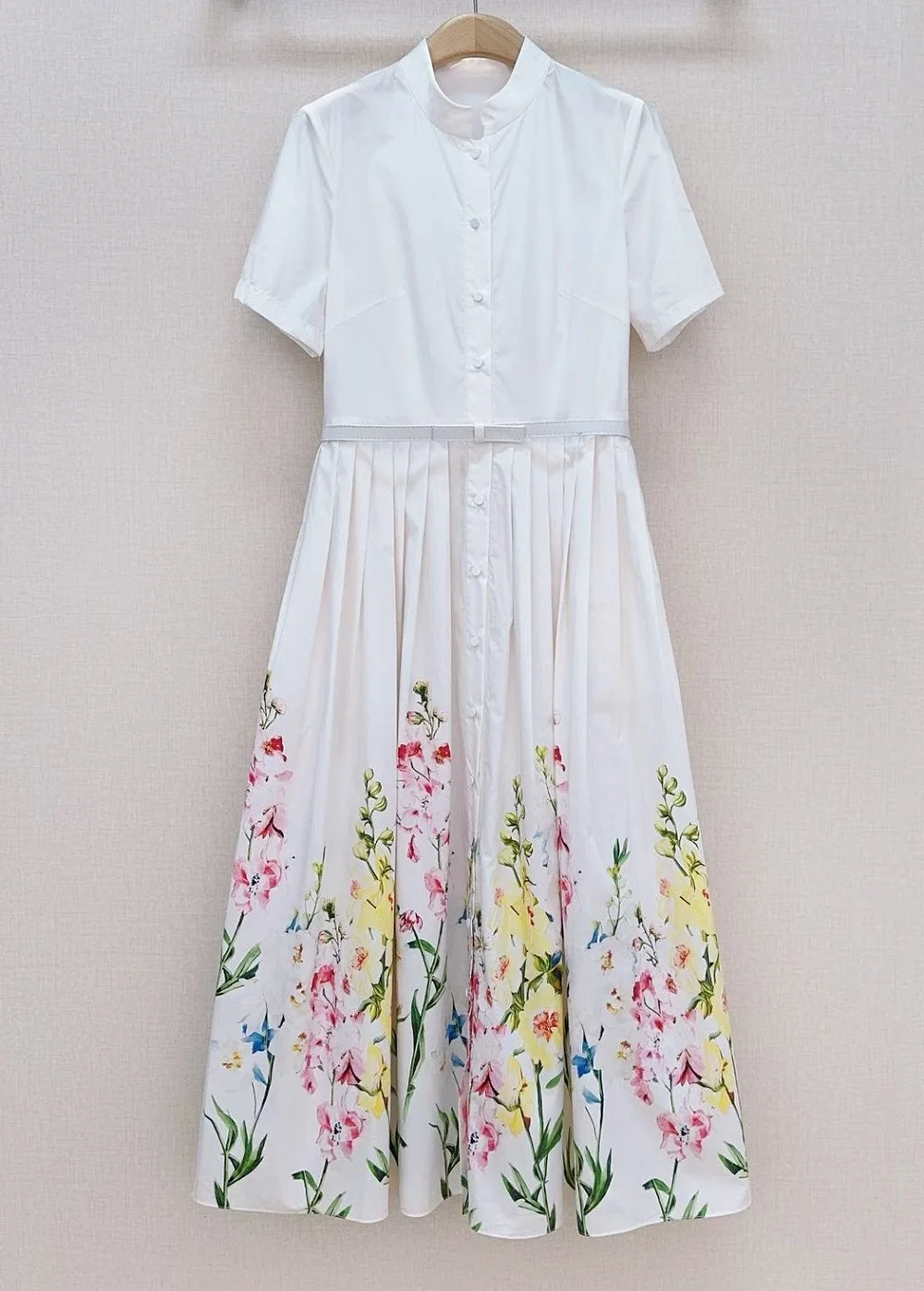 100%Cotton Long Dress 2026 Summer Fashion Women Colorful Floral Print Pocket Belt Patchwork Short Sleeve Long White Maxi Dress