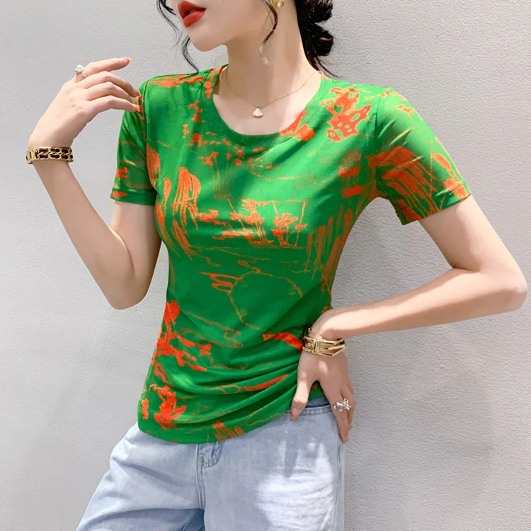 #5491 Black Green Yellow T Shirt Women Short Sleeve Summer Mesh Printed T Shirt Female Elastic Mesh T-Shirt Vintage Slim Summer