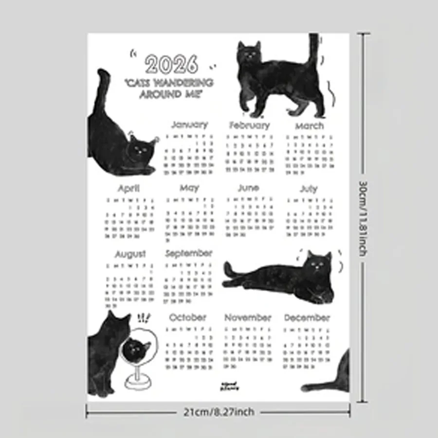 Cat 2026 Calendar Plan Label - Monthly Plan, English Text, Office Home Decor Gift (Horizontal/Vertical Style)