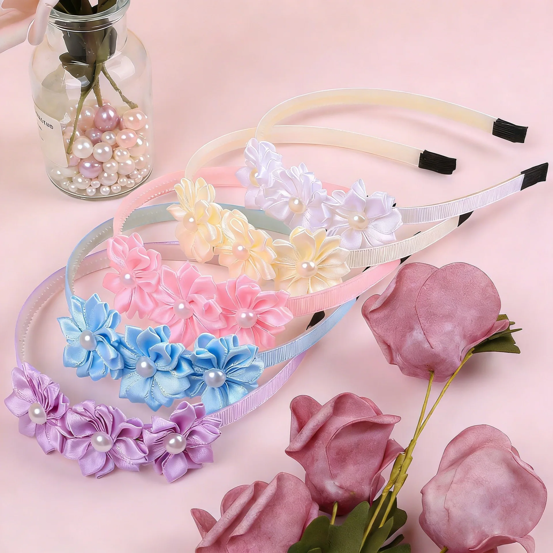 

5pcs/set satin flower hairband for girls hair accessories children pearl flower headband cute floral hair clasp for kid headwear