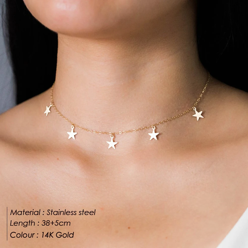 EManco Star Moon Choker Necklaces Gold Color for Women\'s Pendant Necklace Jewelry Simple Ladies Pentagon-Star Stainless Steel
