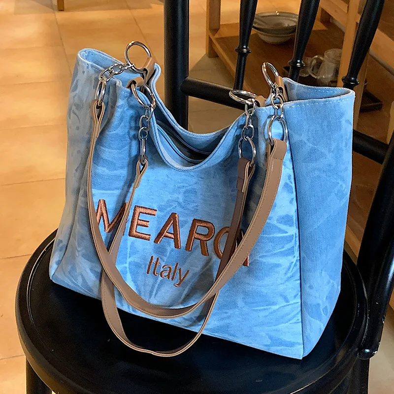 Tote Shoulder Bag Large Capacity Bags for Women Denim Shopping Storage Bags Trend All-match Soft Textile Summer Leisure Travel