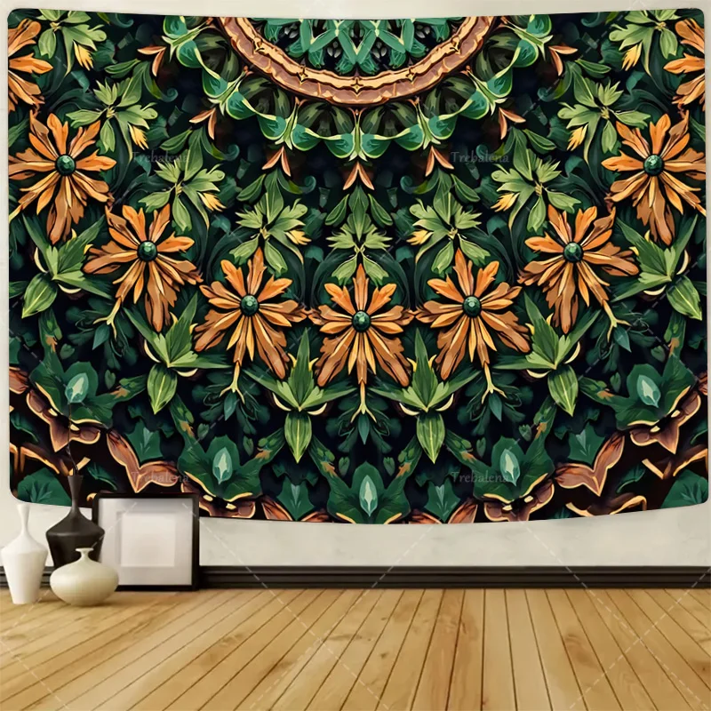 

1pc Wall Tapestry Boho Floral Tapestry with Orange Flowers and Green Leaves for Wall Decor