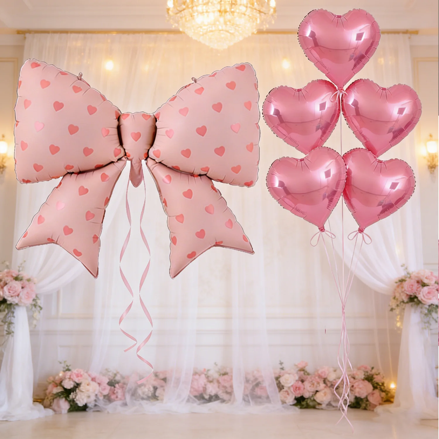 6-teiliges Rosa Herz-Print Schleifenballon-Set Rosa 18-Zoll Herz-Aluminiumfolienballons Hochzeit Geburtstag Party Dekoration