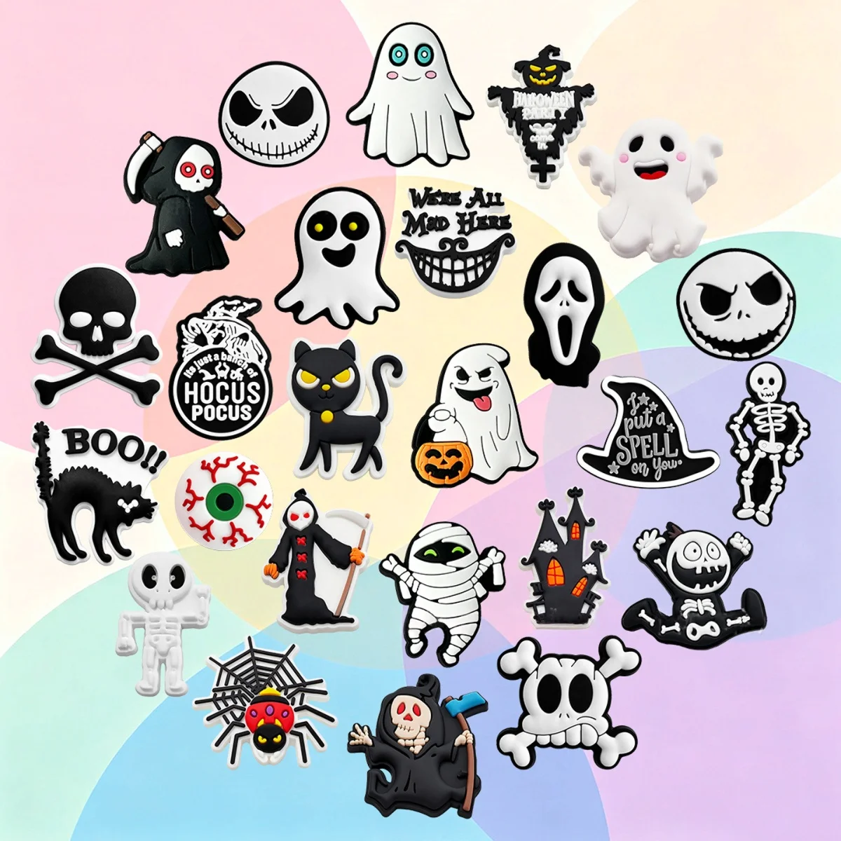 Spooky Halloween Shoe Charms PVC Shoe Decorations Ghost Skeleton Black Cat Pattern DIY Clog Charms for Shoes Holiday Party
