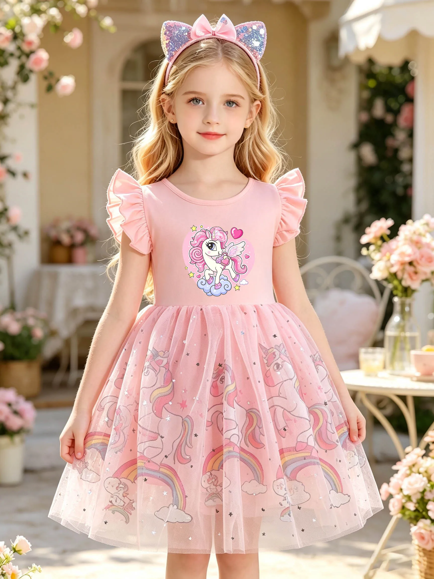 Pink Cloud Unicorn Flutter Sleeve Dress for Girls, Star Glitter Tulle Puffy Princess Dress