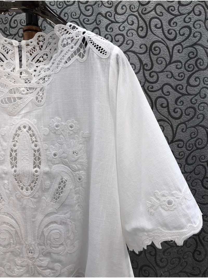 High Quality Linen Blouses 2024 Autumn Women Crochet Lace Embroidery Half Sleeve Casual Loose Tops Ladies White Cotton Shirt