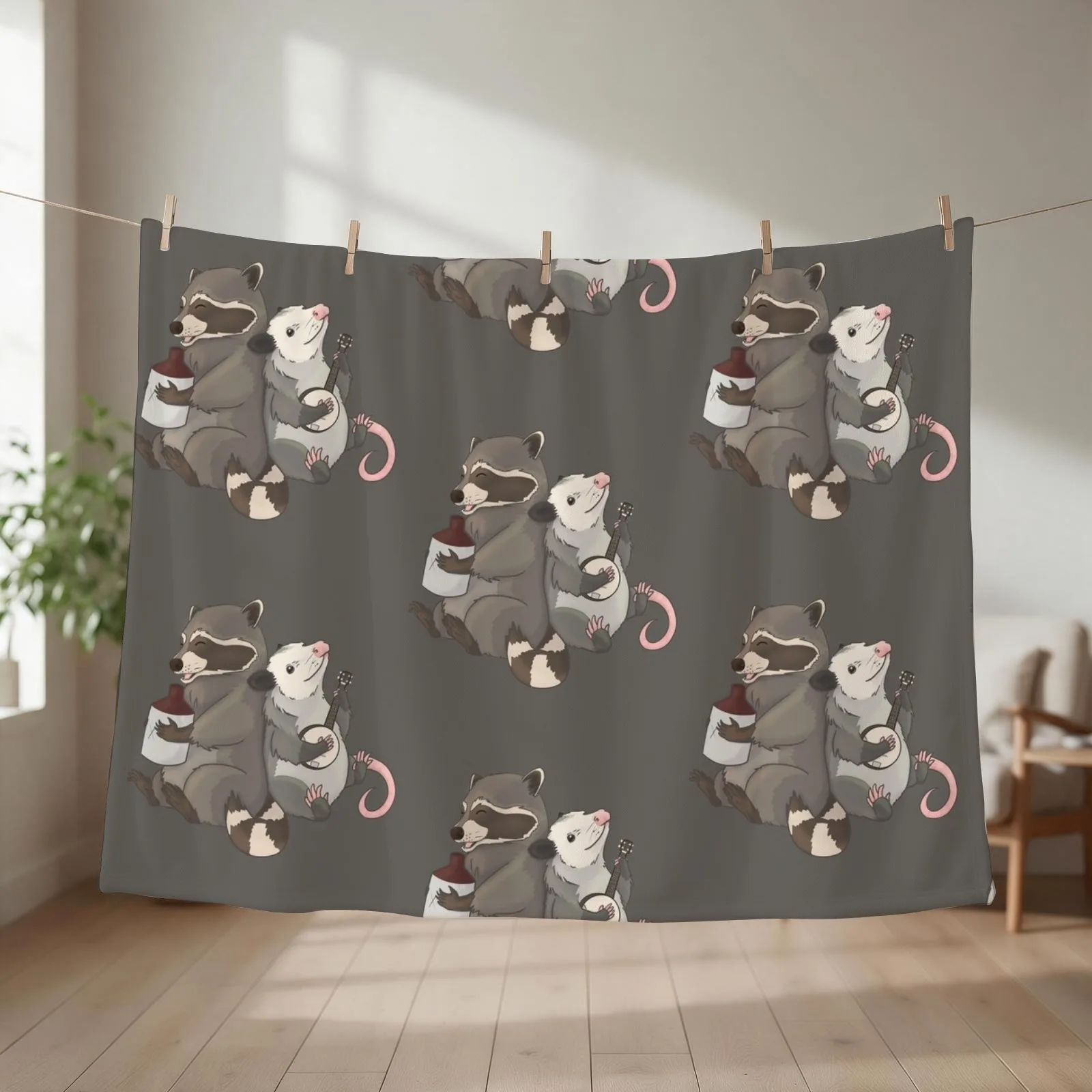 Opossum and a Racoon playing instruments Throw Blanket Plaid Sleeping Bag Luxury St Kid'S Blankets