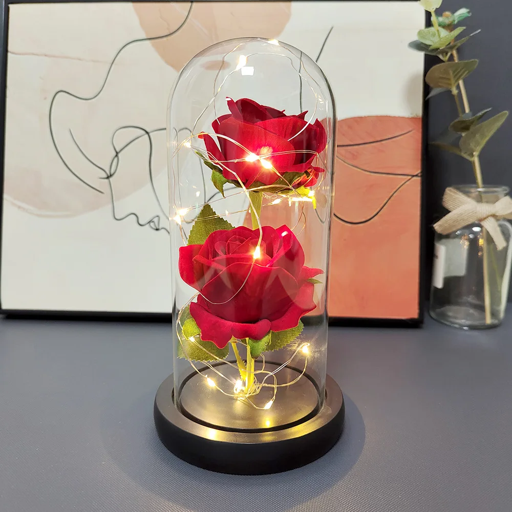 LED Eternal Double Rose Flower in Dome Light Beauty And The Beast In Glass for Valentine's Day Gift Party Decor