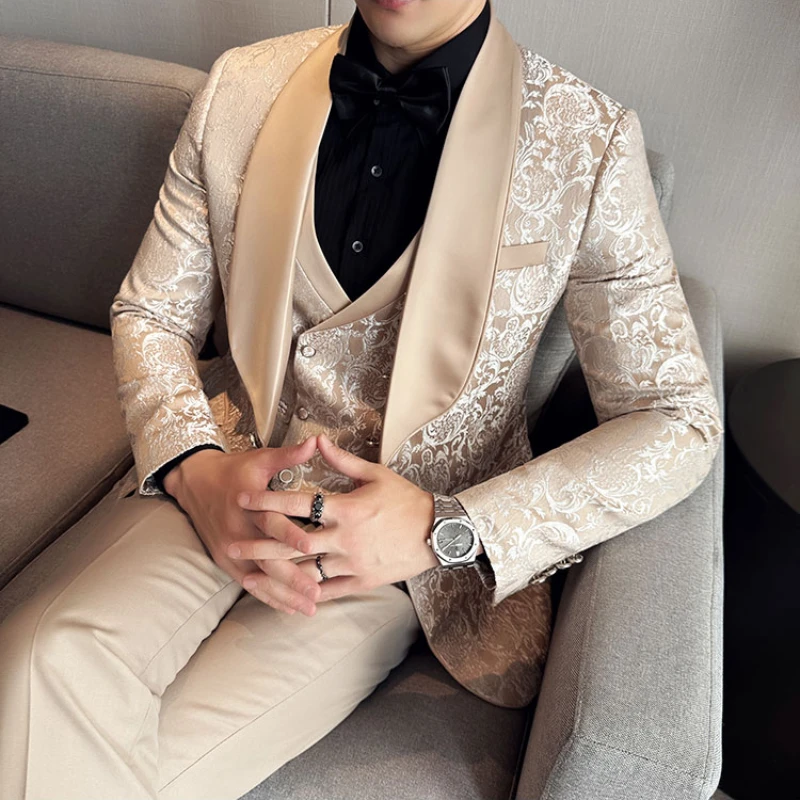 (Jacket+Vest+Pants) Brand Boutique Fashion Solid Color Men Formal Office Business Suit Groom Wedding Dress Male Slim Blazer Sets