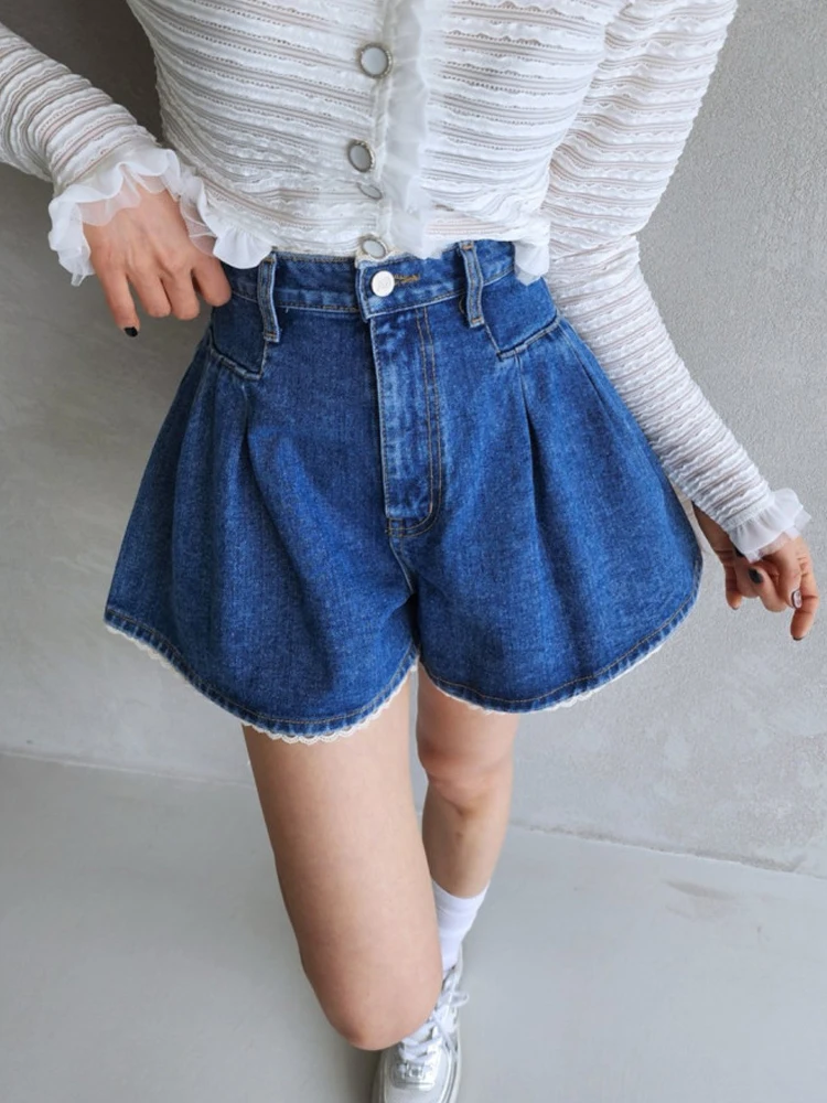 Celana Pendek Denim Wanita Model A-Line Pinggang Tinggi, Kasual, Multi-Fungsi, Aksen Renda, Potongan Lebar