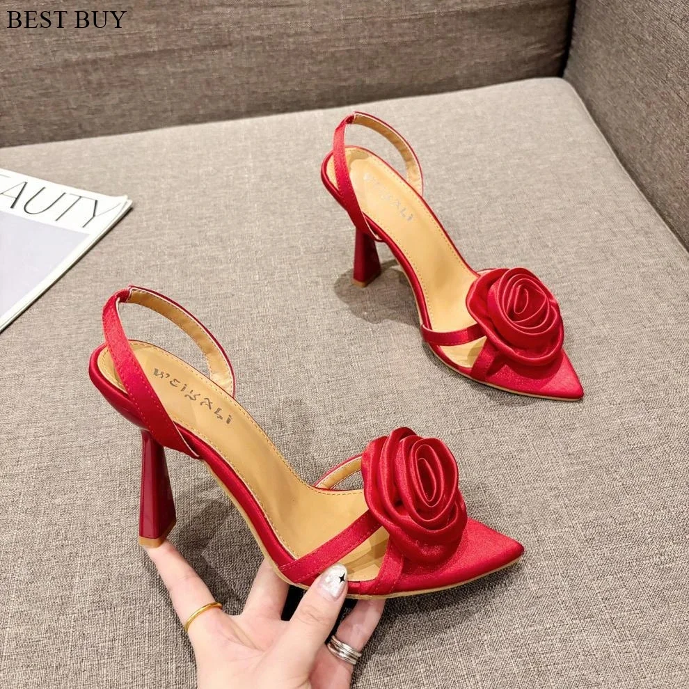 2024 Summer Fashion Silk Rose Flowers Pointed Open Toe Back Strap Sandals Women Red High Heels Wedding Prom Shoes Zapatos Mujer