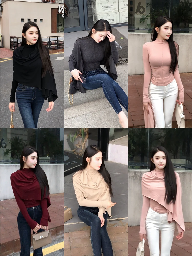 

Теплый вязаный комплект с высоким воротником и шапочкой для женщин, состоящий из двух предметов: простой дизайн, облегающий топ с длинными рукавами.