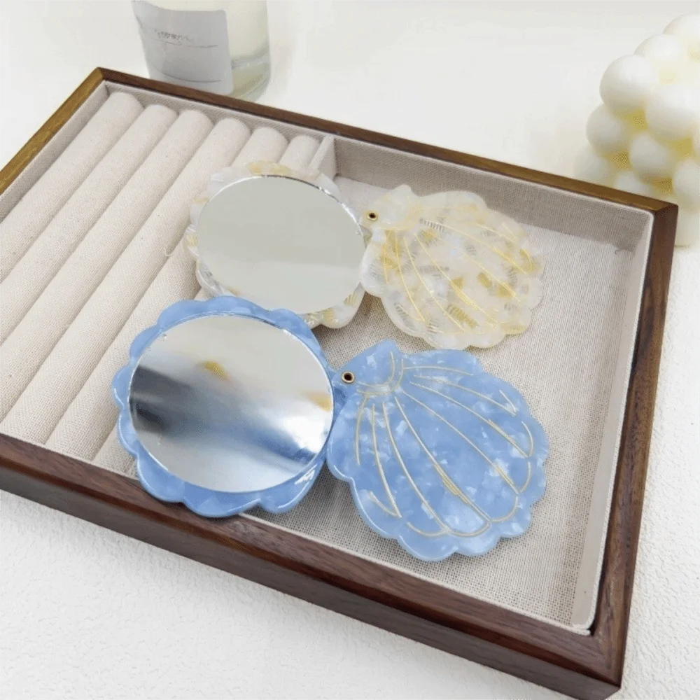 Travel Shell Shape Makeup Mirror Folding Acetic Acid Cosmetic Mirror Lightweight Handheld Small Mirror Women Girls