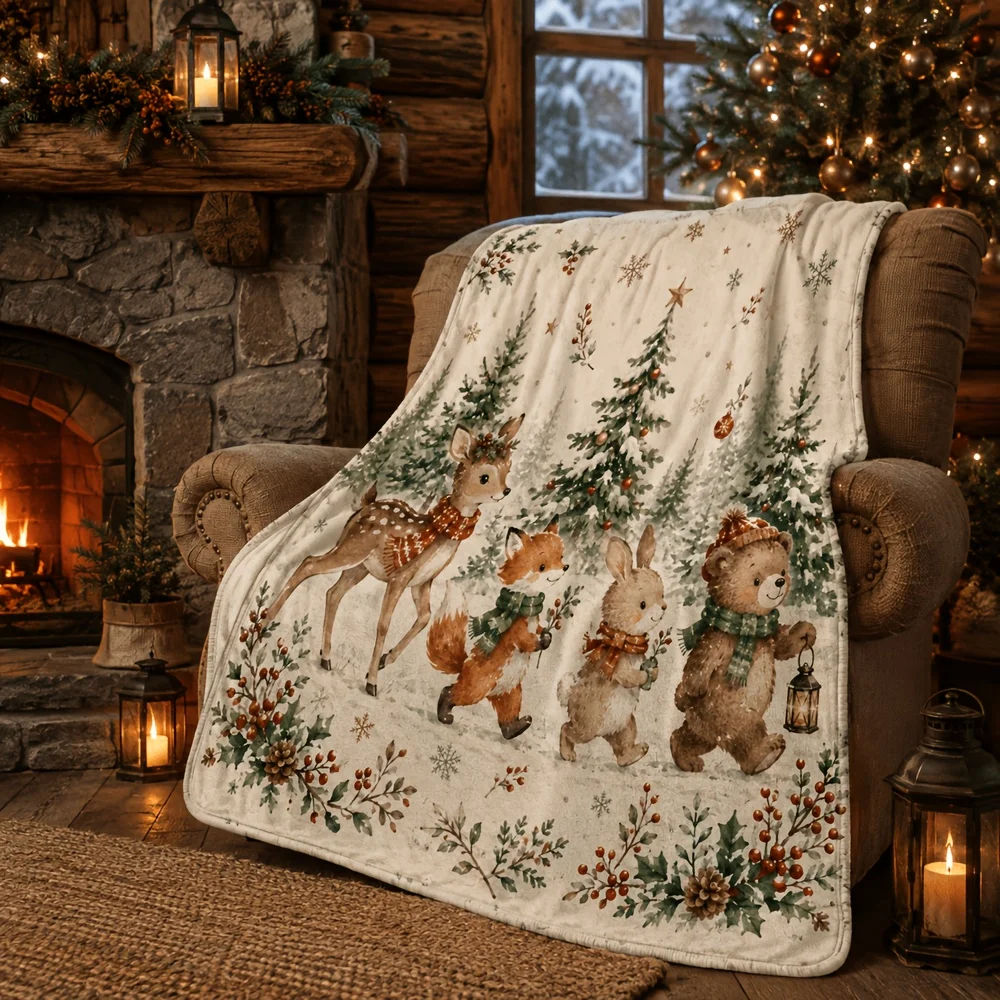 Fairy‑Tale Style Jungle Animal Christmas Throw Blanket, Soft Winter Bed Cover with Cute Animal Motifs, for Home, Sofa