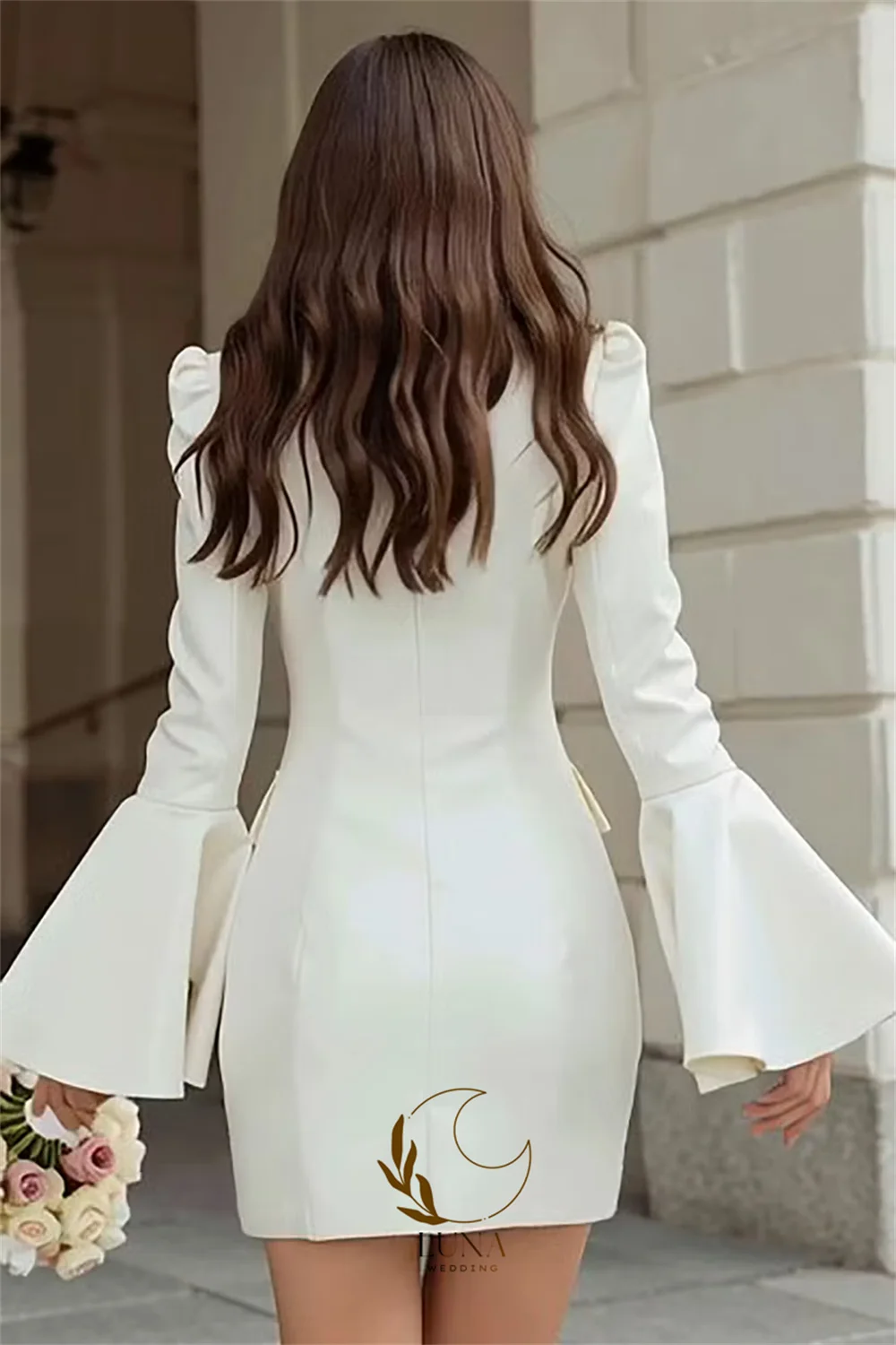 Luna Ivory Satin Shawl Lapel Short Blazer Wedding Dress Customized Flare Sleeves Flap Pockat Bridal Gown Engagement Dress