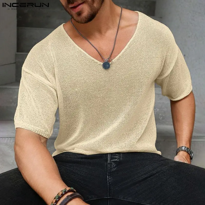 2024 Men\'s T Shirt Solid Color V Neck Short Sleeve Knitted Summer Men Clothing Streetwear Transparent Casual Camisetas INCERUN