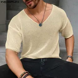 2024 Men's T Shirt Solid Color V Neck Short Sleeve Knitted Summer Men Clothing Streetwear Transparent Casual Camisetas INCERUN